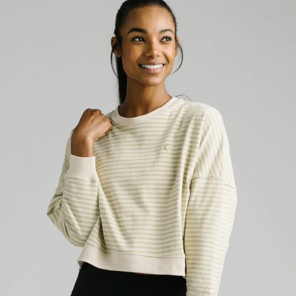 Zyia Kiwi & Cream Striped Crewneck Crop Sweatshirt (medium)